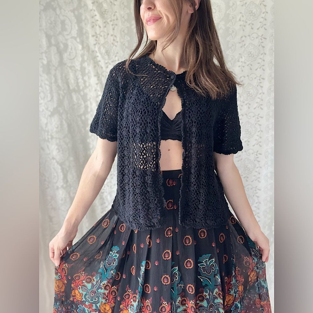 Black Crochet Open Knit Cardigan Short Sleeve Madison Leigh Size 16